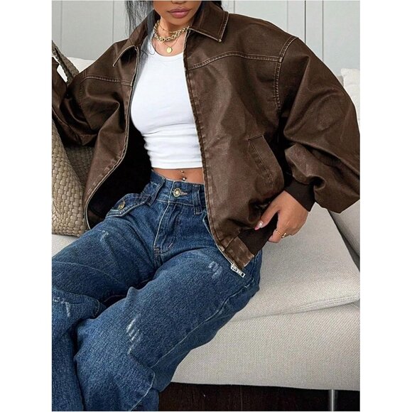 Women Brown Faux Leather Jacket Zip Up Oversized Motorcycle Outfits Winter Coats - Picture 5 of 6